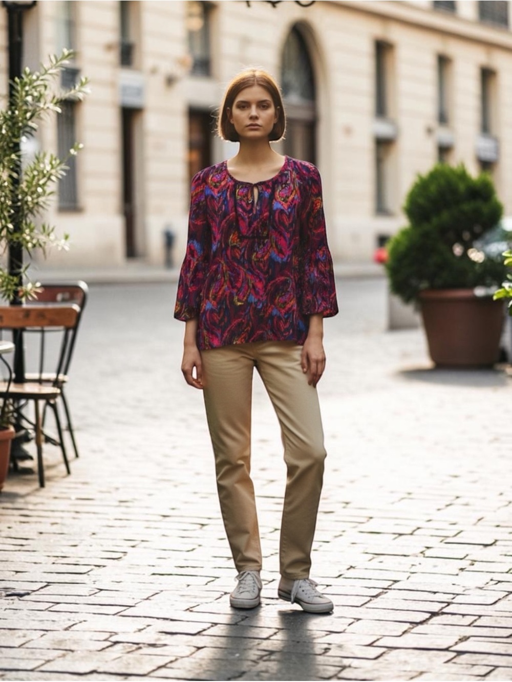 NWOT Pappagallo Women's Multicolor Tie-Neck Blouse in Red, Purple and Blue